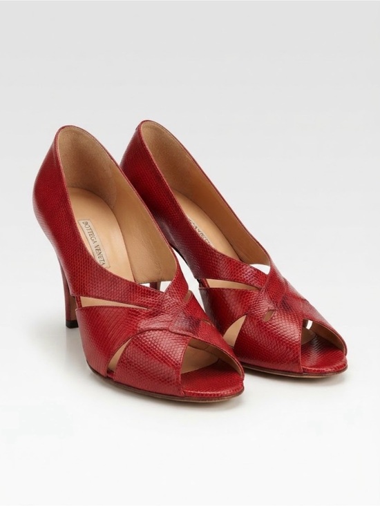 Bottega Veneta Shoes - Bottega Veneta Vintage Red Lizard Print Cutout Peep Toe Heels SZ 7.5